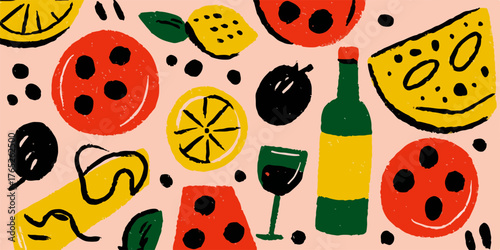 Un vivace motivo vettoriale disegnato a mano, che celebra gli elementi iconici della cucina italiana con un tocco artistico e giocoso.