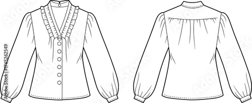 PrintFashionable women’s ruffle blouse technical flat sketch, elegant long sleeve button shirt design front and back view, apparel template illustration, sewing pattern.