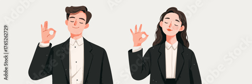 Una coppia di professionisti, un uomo e una donna in abiti formali, esprimono soddisfazione e approvazione con il gesto della mano "OK", rappresentando successo e intesa.