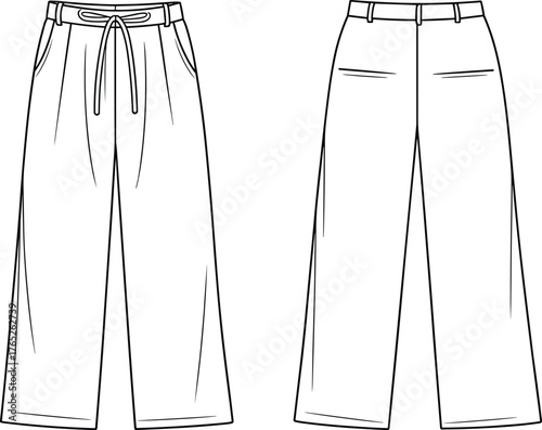 PrintWide leg pants flat sketch, fashion technical drawing, drawstring waistband trousers, vector clothing template, garment design illustration, front and back view