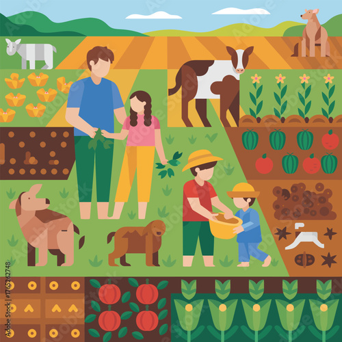 Diverse farm scene with people and animals tending to crops and gardens farming agriculture