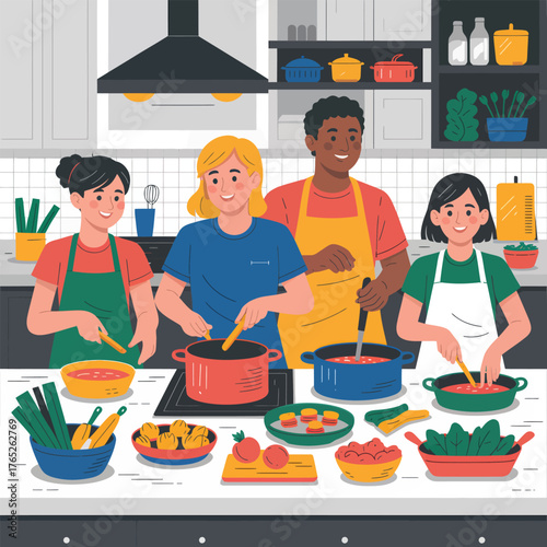 Diverse group of people cooking together in a modern kitchen preparing food Keywords: cooking