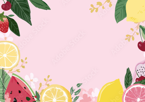 Una vivace illustrazione vettoriale di frutta estiva fresca e colorata che incornicia uno spazio rosa pastello, perfetta per design e inviti.