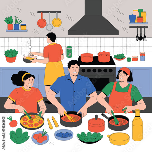 Family cooking together in a kitchen with one person washing dishes Keywords: family, cooking