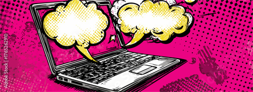 Illustrazione vettoriale in stile pop art raffigurante un laptop con fumetti di dialogo, simboleggiando la comunicazione digitale e l'interazione online.