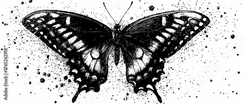 Elegante illustrazione vettoriale monocromatica di una farfalla con dettagli artistici e schizzi d'inchiostro, perfetta per design creativi.