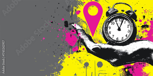 Una mano stilizzata tiene un orologio e un segnaposto su uno sfondo grunge astratto, simboleggiando la gestione del tempo e la localizzazione creativa.