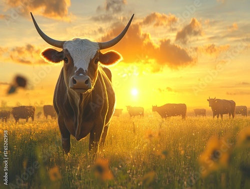 Majestic longhorn cow at golden sunset