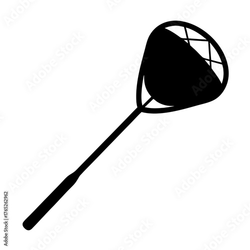 Simple black silhouette image of a landing net with long handle.