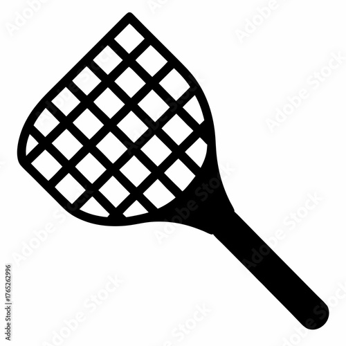 Black silhouette of a fly swatter with square mesh, angled on white