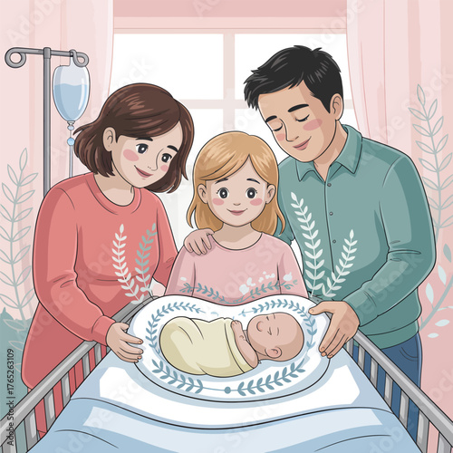 Family Gathers Around Newborn Baby in Hospital Bassinet with IV Drip image photo