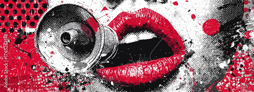 Labbra rosse sensuali con microfono vintage in stile pop art vibrante