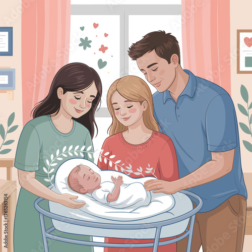 Family Gazes at Newborn Baby in Bassinet with Hearts and Flowers mother