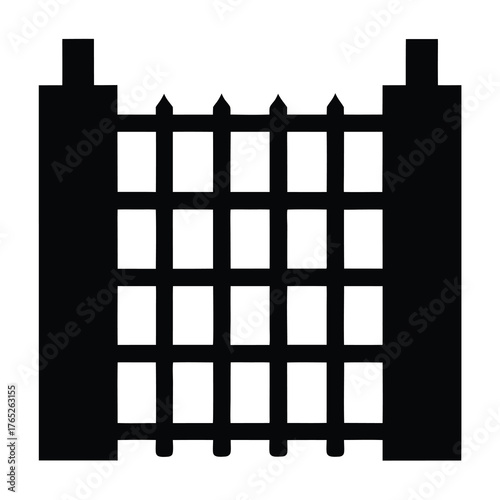 Black and white gate illustration with geometric and minimalist design features