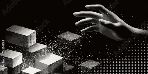 Mano tesa verso cubi astratti in un'atmosfera drammatica e concettuale.
