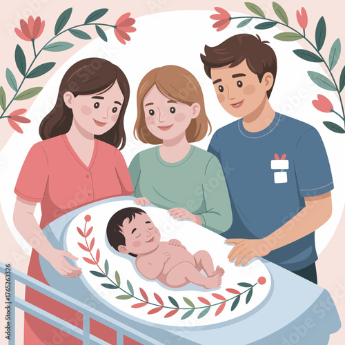 Family Looks at Newborn Baby in Bassinet with Floral Garland mother