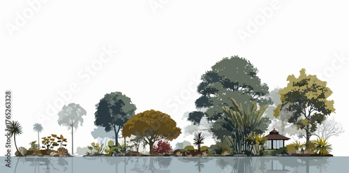 Un'isola lussureggiante con alberi diversi e un gazebo riflette sull'acqua calma.