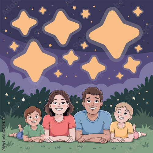 Family Lying on Grass Gazing at a Starry Night Sky with Clouds parents children