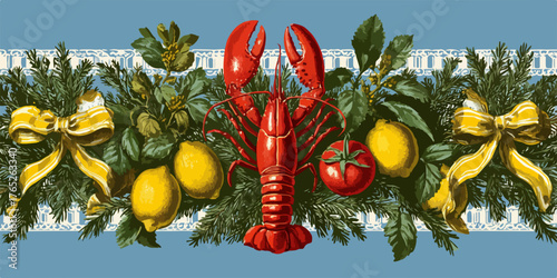 Aragosta rossa festosa con limoni, pomodoro e decorazioni verdi su sfondo blu