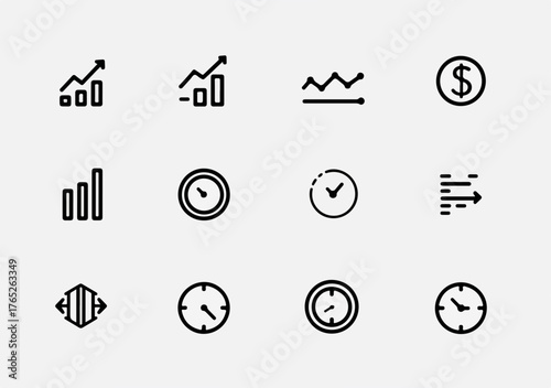 Icone stilizzate per grafici, orologi e valute, rappresentanti dati e tempo in modo essenziale.