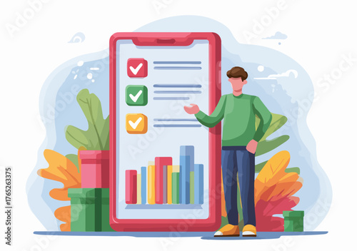 Uomo presenta un grafico di successo su uno schermo di smartphone con elementi naturali