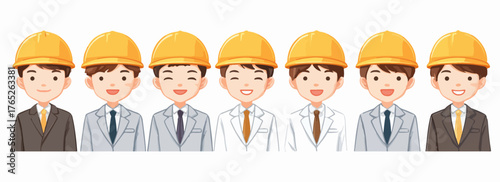 Gruppo di ingegneri sorridenti con caschi gialli, pronti a lavorare insieme.