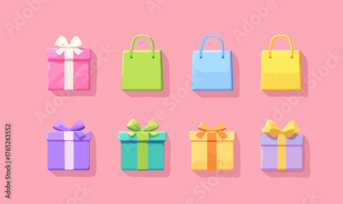 Confezioni regalo colorate e borse della spesa disposte in modo ordinato su sfondo rosa.