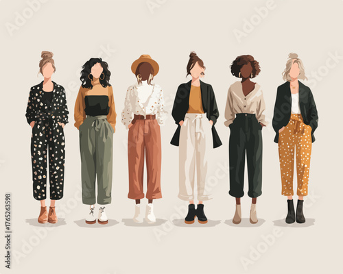 Sei donne diverse con stili unici rappresentano la moda e l'individualità.