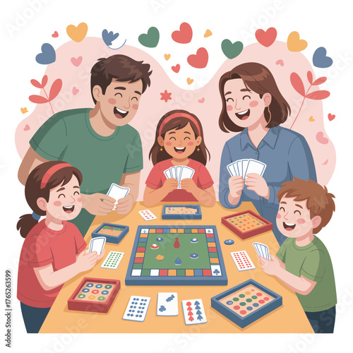 Family playing board games and card games with hearts decoration table
