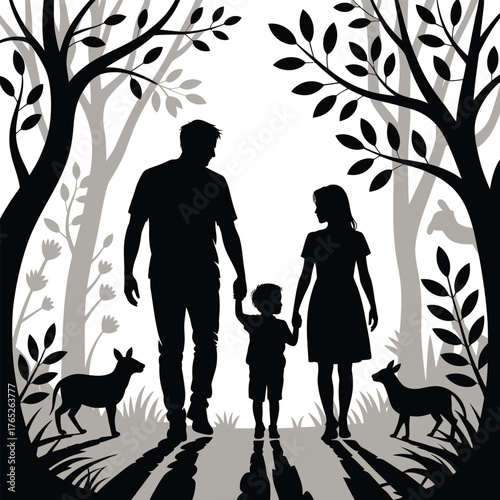 Family silhouette walking in a forest with deer and trees Keywords: family, silhouette, walking