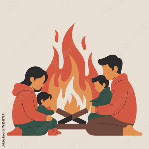 Family Sitting Around a Campfire Illustration children