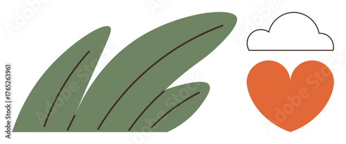 Green leaves beside an orange heart and cloud outline. Ideal for nature, health, eco-friendliness, mindfulness, sustainability, love for the planet, and minimalism themes. Simple flat metaphor