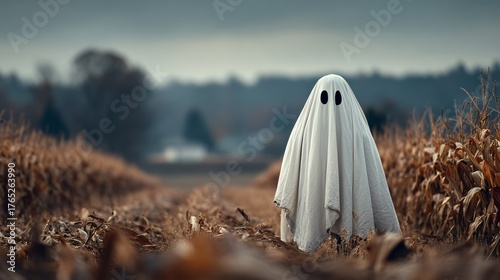 Spooky Ghost Figure in Cornfield on Halloween Eve