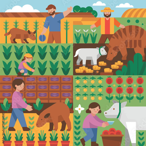 Farmers working on a farm with crops, animals, and harvesting in flat design farming