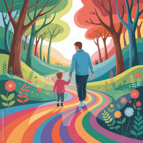 Father and Child Walking on Rainbow Path in Bright Forest image photo