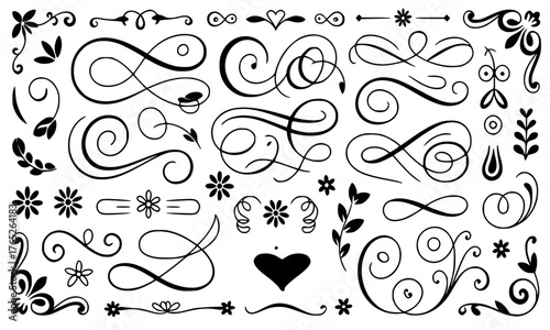 “Hand-Drawn Flourishes Vector Set,Elegant Decorative Ornaments and Swirl Elements in Black Silhouette Style”