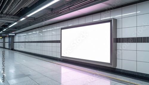 Wallpaper Mural Blank billboard in modern subway station with white tiled walls and bright lighting. Torontodigital.ca