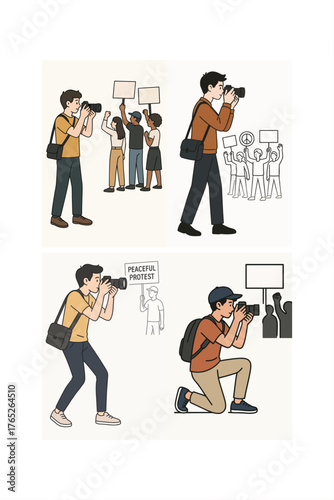 Flat vector of a photographer documenting a protest, symbolizing freedom of the press and journalistic courage. Great for awareness campaigns.