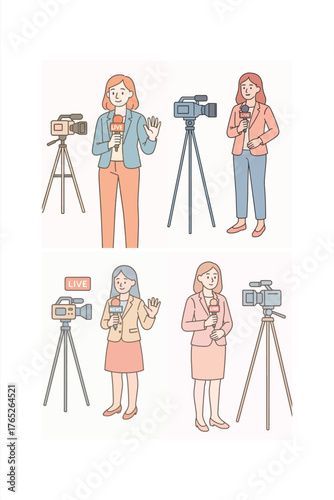 Elegant flat vector illustration of a female journalist reporting live. Perfect for press freedom, journalism awareness, or media campaign visuals.