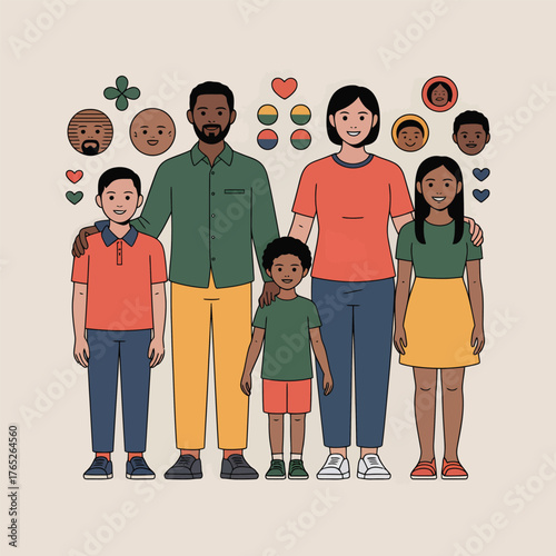 Illustrated Diverse Family with Abstract Elements and Faces parents children