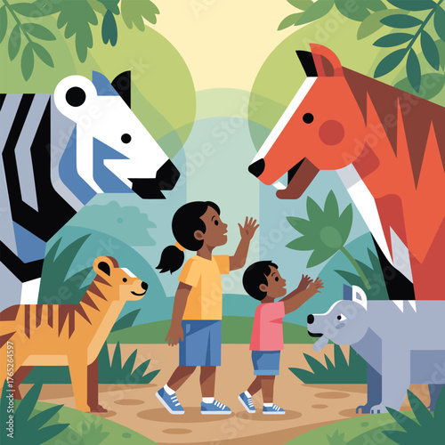 Kids interacting with stylized prehistoric animals in a jungle nature