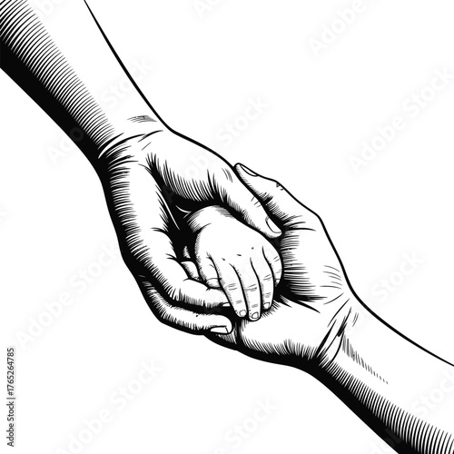 Two Adult Hands Holding a Small Child's Hand in Woodcut Style connection