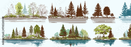 緑豊かな木々が水面に映る、手描き風の風景イラストのセットです。