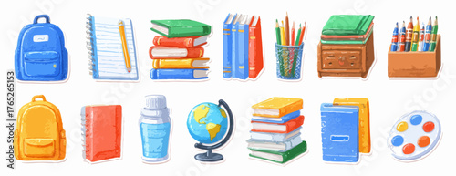 多彩な文房具と学校用品のイラストセット、学習や創造性を表現しています。