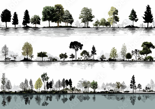 様々な木々が水面に映る様子を描いたベクターアートのイラストレーション
