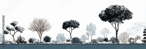 多様な木々や低木が並ぶ、シンプルでミニマルな景観のベクターイラストレーション。