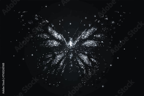 キラキラ輝く蝶のシルエットが夜空に舞う幻想的なベクターアート。