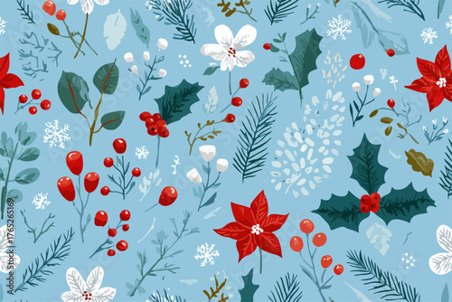 冬の植物と雪の結晶が描かれた、青を基調とした可愛らしいベクターパターンデザインです。