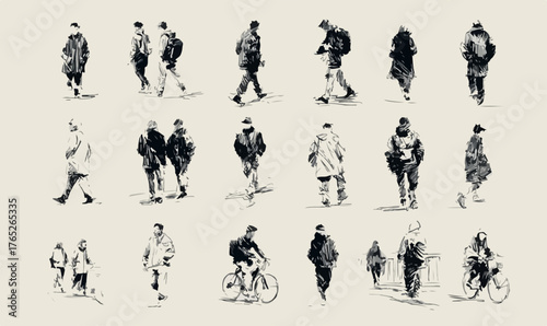 様々な服装や動きを見せる人々を、手描きスケッチ風に表現したモノクロのベクターイラストレーションセットは、デザイン素材として幅広い用途に活用できます。