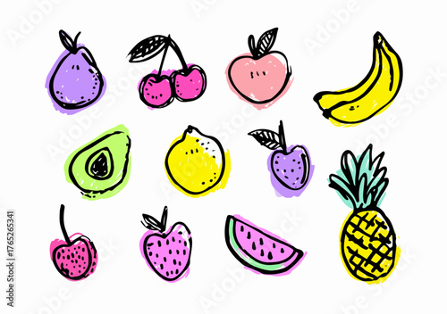 カラフルな手描き風の様々なフルーツのベクターイラストレーションセットは、夏のデザインや健康的な食生活の表現に最適です。